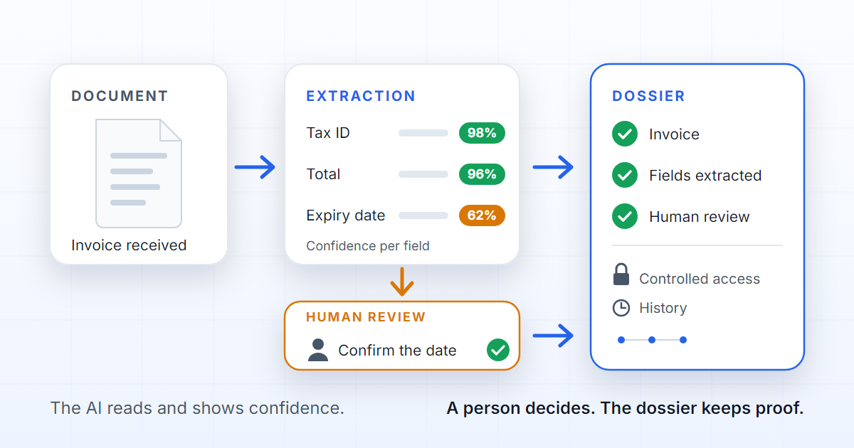 Document AI flow for SMEs with extraction, confidence, human review and dossier evidence.