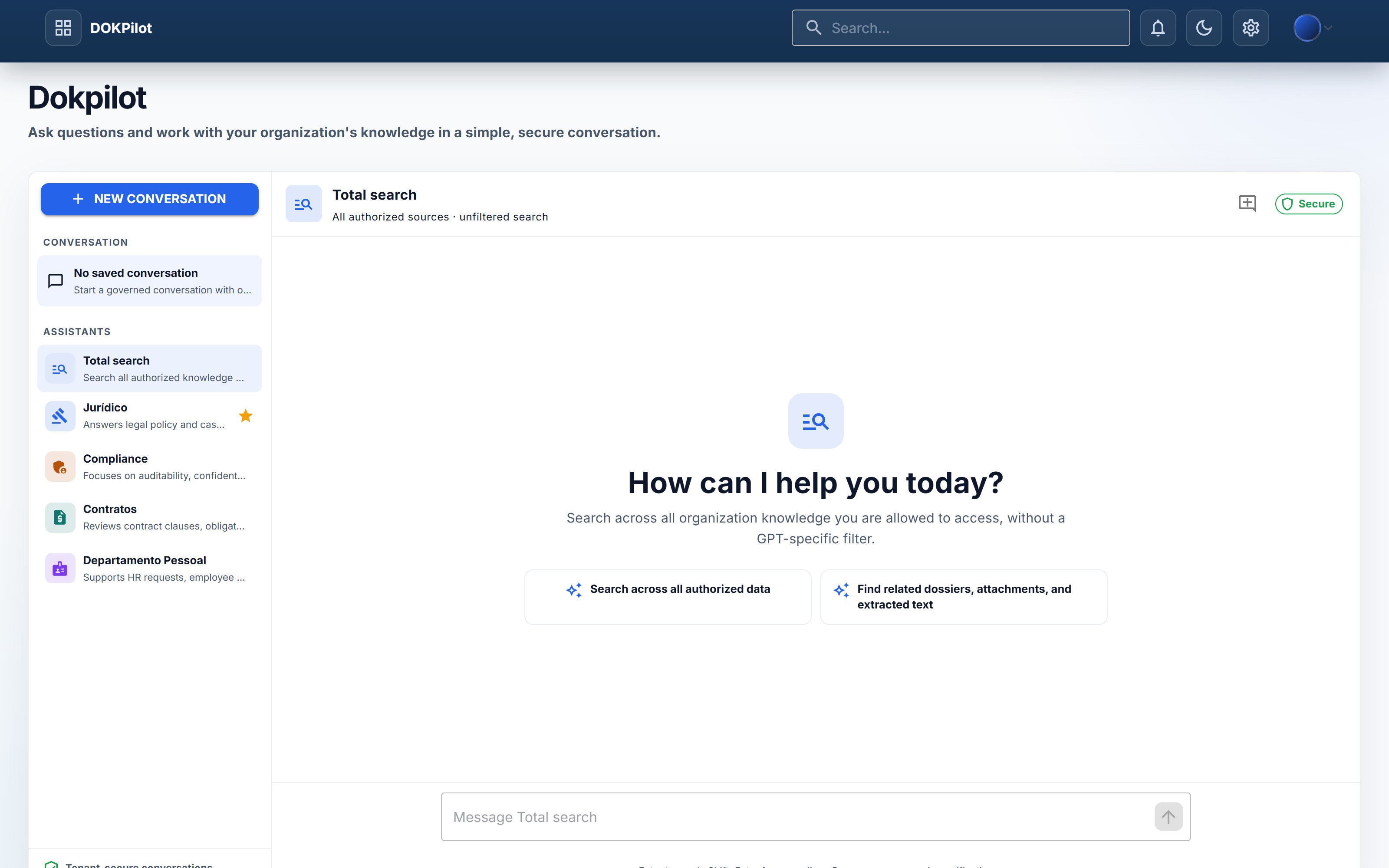 DOKPilot chat with governed assistants and a secure conversation area